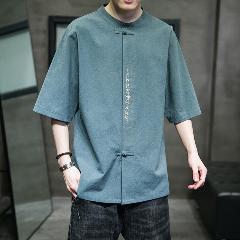 Buddha Stones Lässige, einfarbige Strickjacke mit Froschknopf-Stickerei aus Baumwollleinen für Herren - Kadettenblau - US/ UK/AU46, EU56 (5XL) - image 0