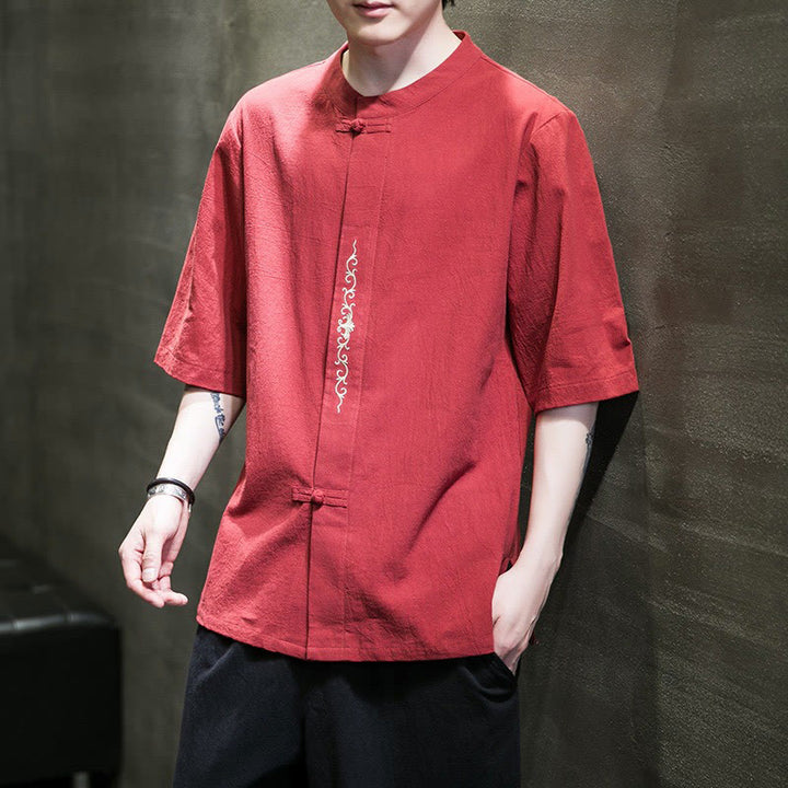 Buddha Stones Lässige, einfarbige Strickjacke mit Froschknopf-Stickerei aus Baumwollleinen für Herren - Rot - US/ UK/AU46，EU56 (5XL) - image 9