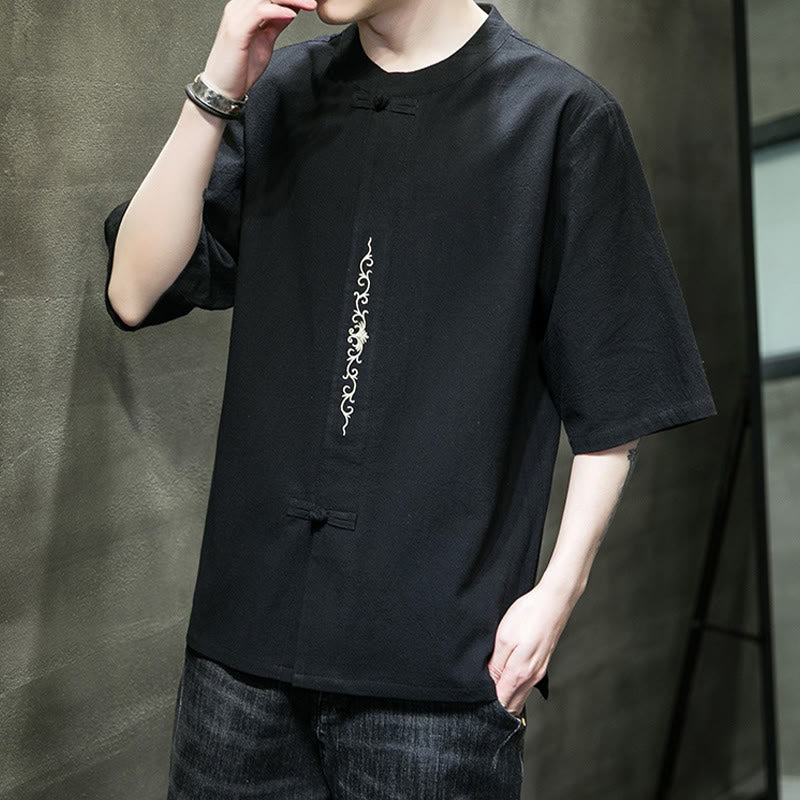 Buddha Stones Lässige, einfarbige Strickjacke mit Froschknopf-Stickerei aus Baumwollleinen für Herren - image 20