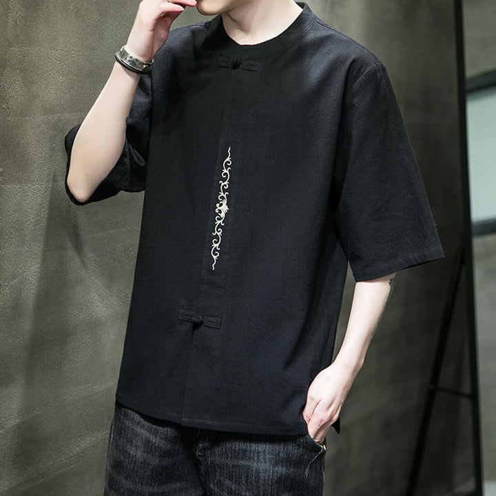 Buddha Stones Lässige, einfarbige Strickjacke mit Froschknopf-Stickerei aus Baumwollleinen für Herren - image 20