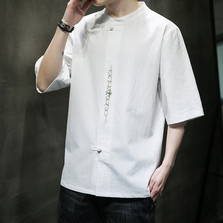 Buddha Stones Lässige, einfarbige Strickjacke mit Froschknopf-Stickerei aus Baumwollleinen für Herren - image 27