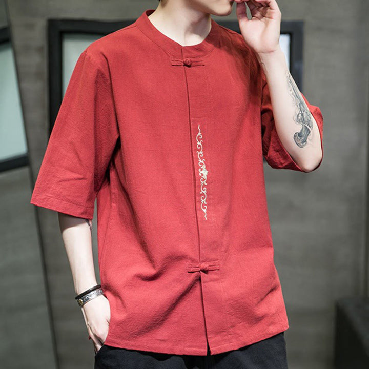 Buddha Stones Lässige, einfarbige Strickjacke mit Froschknopf-Stickerei aus Baumwollleinen für Herren - image 12