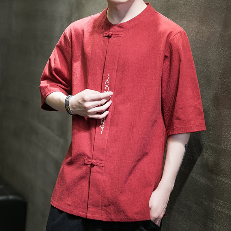 Buddha Stones Lässige, einfarbige Strickjacke mit Froschknopf-Stickerei aus Baumwollleinen für Herren - image 14