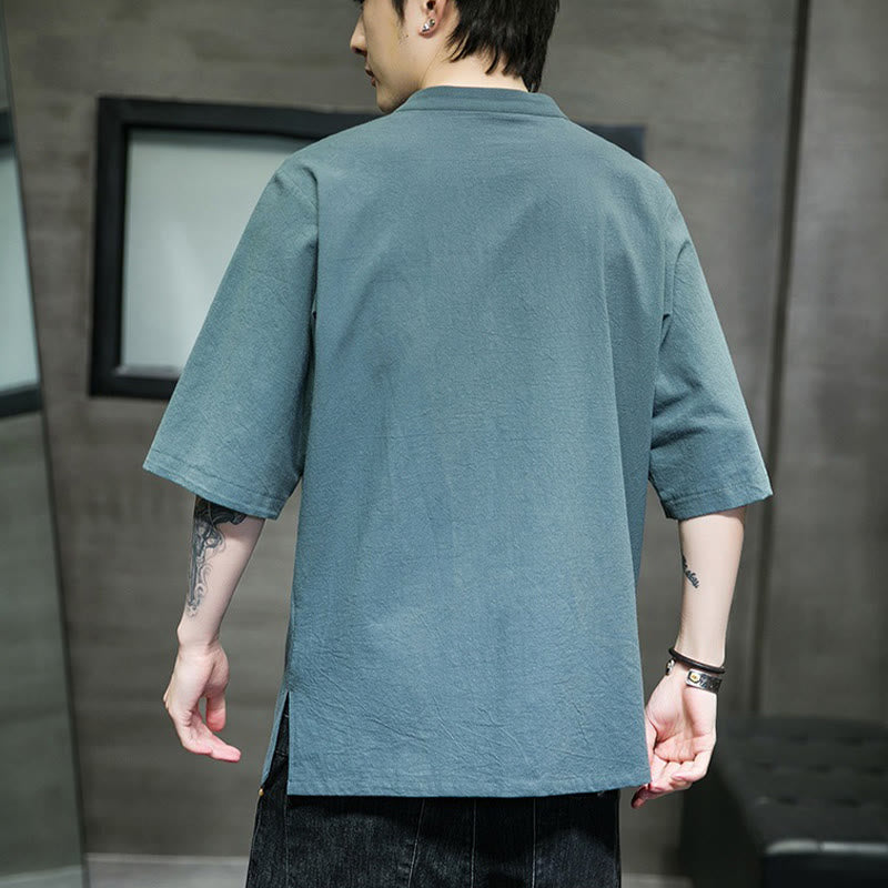 Buddha Stones Lässige, einfarbige Strickjacke mit Froschknopf-Stickerei aus Baumwollleinen für Herren - image 3