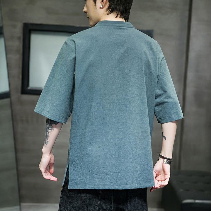 Buddha Stones Lässige, einfarbige Strickjacke mit Froschknopf-Stickerei aus Baumwollleinen für Herren - image 3