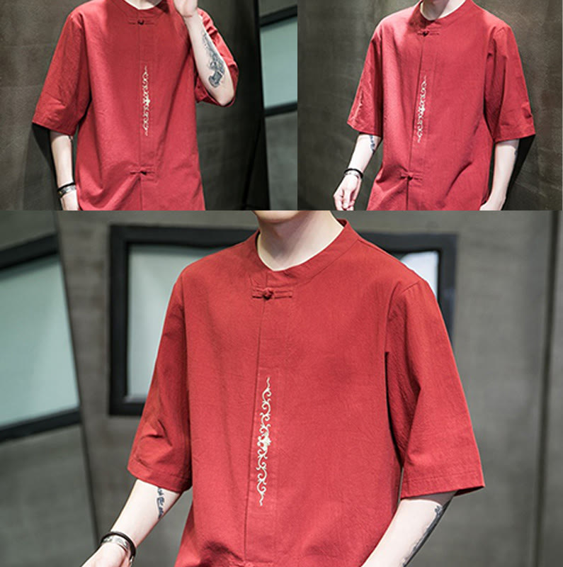 Buddha Stones Lässige, einfarbige Strickjacke mit Froschknopf-Stickerei aus Baumwollleinen für Herren - image 16