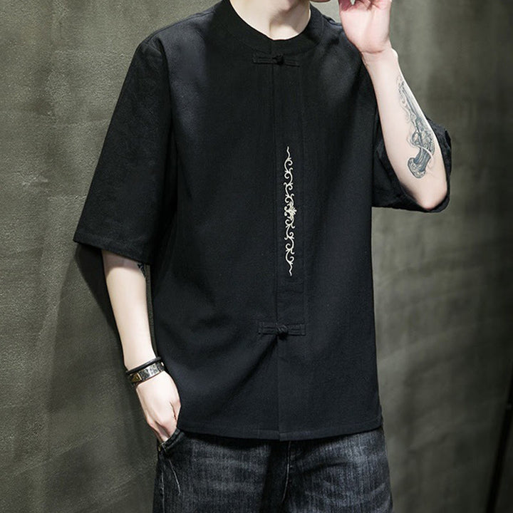 Buddha Stones Lässige, einfarbige Strickjacke mit Froschknopf-Stickerei aus Baumwollleinen für Herren - image 22