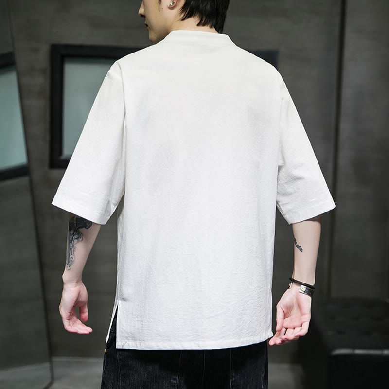 Buddha Stones Lässige, einfarbige Strickjacke mit Froschknopf-Stickerei aus Baumwollleinen für Herren - image 26