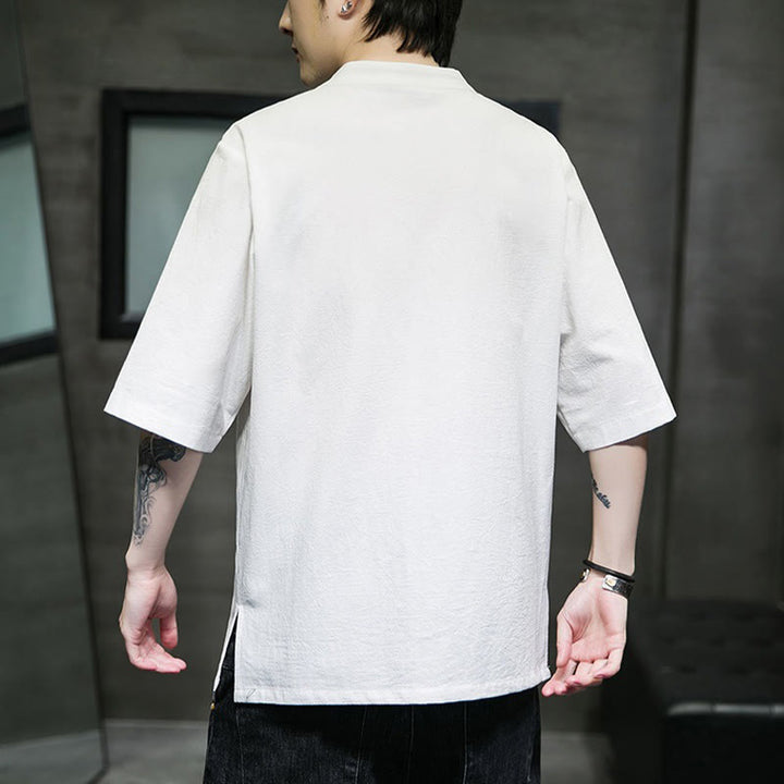 Buddha Stones Lässige, einfarbige Strickjacke mit Froschknopf-Stickerei aus Baumwollleinen für Herren - image 26