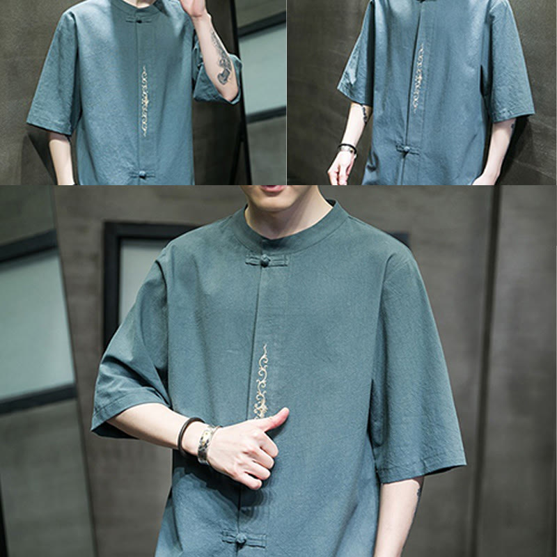 Buddha Stones Lässige, einfarbige Strickjacke mit Froschknopf-Stickerei aus Baumwollleinen für Herren - image 8