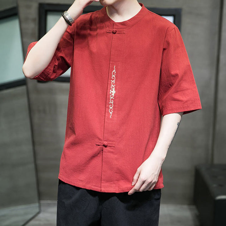 Buddha Stones Lässige, einfarbige Strickjacke mit Froschknopf-Stickerei aus Baumwollleinen für Herren - image 11