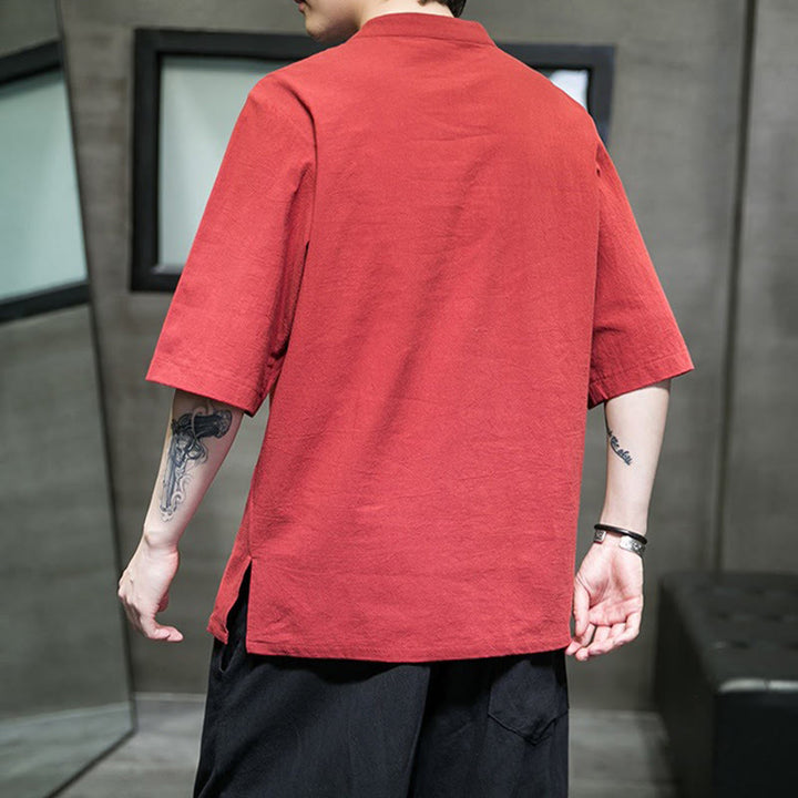 Buddha Stones Lässige, einfarbige Strickjacke mit Froschknopf-Stickerei aus Baumwollleinen für Herren - image 15