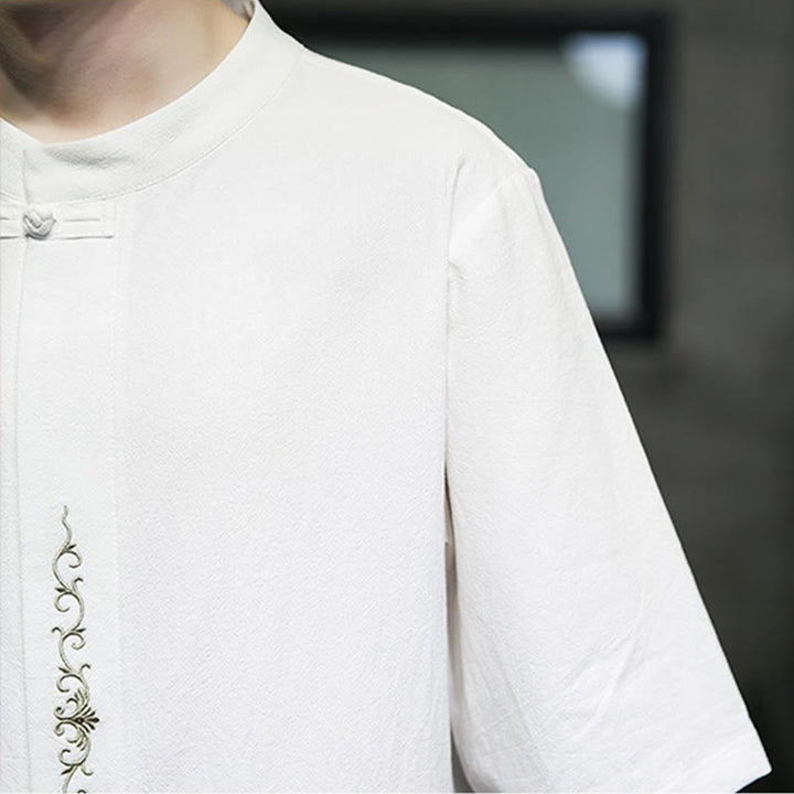 Buddha Stones Lässige, einfarbige Strickjacke mit Froschknopf-Stickerei aus Baumwollleinen für Herren - image 29