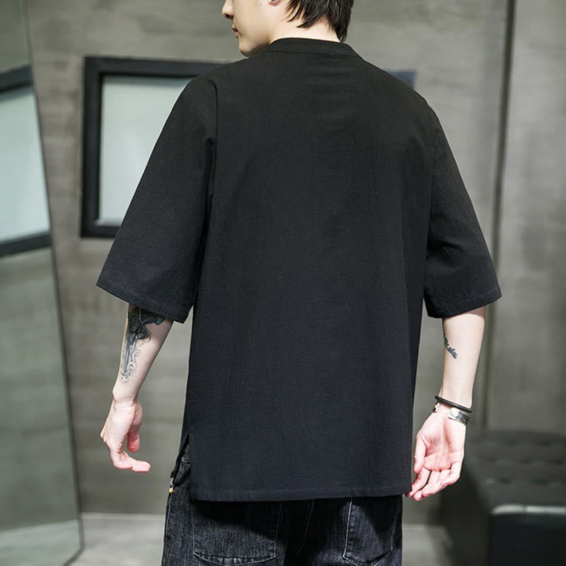 Buddha Stones Lässige, einfarbige Strickjacke mit Froschknopf-Stickerei aus Baumwollleinen für Herren - image 19