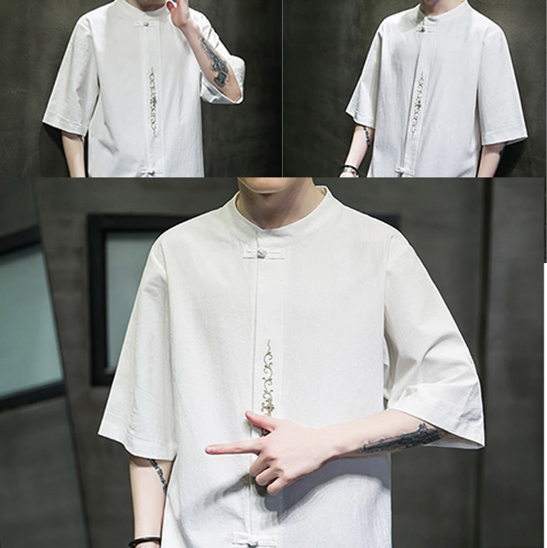 Buddha Stones Lässige, einfarbige Strickjacke mit Froschknopf-Stickerei aus Baumwollleinen für Herren - image 32