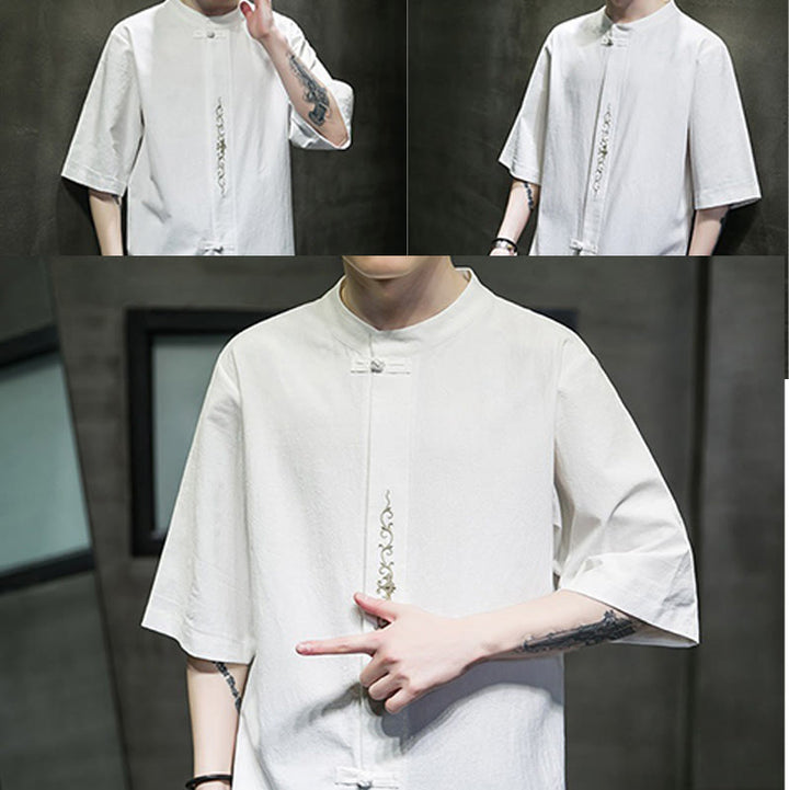 Buddha Stones Lässige, einfarbige Strickjacke mit Froschknopf-Stickerei aus Baumwollleinen für Herren - image 32