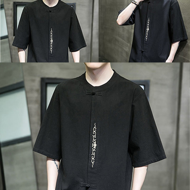 Buddha Stones Lässige, einfarbige Strickjacke mit Froschknopf-Stickerei aus Baumwollleinen für Herren - image 24