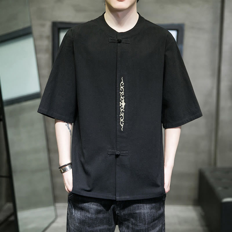 Buddha Stones Lässige, einfarbige Strickjacke mit Froschknopf-Stickerei aus Baumwollleinen für Herren - image 21