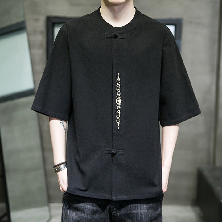 Buddha Stones Lässige, einfarbige Strickjacke mit Froschknopf-Stickerei aus Baumwollleinen für Herren - Schwarz - US/ UK/AU46, EU56 (5XL) - image 17