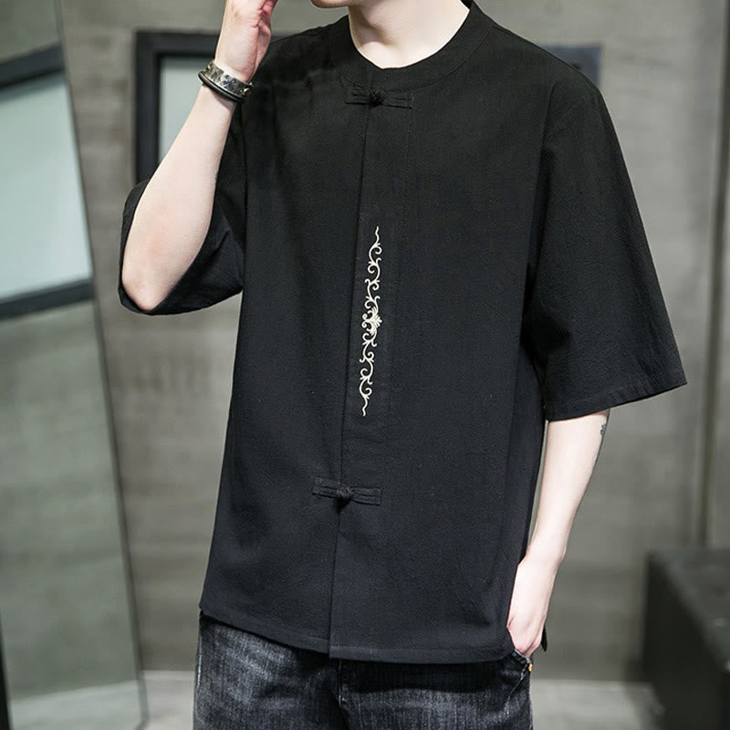 Buddha Stones Lässige, einfarbige Strickjacke mit Froschknopf-Stickerei aus Baumwollleinen für Herren - image 18