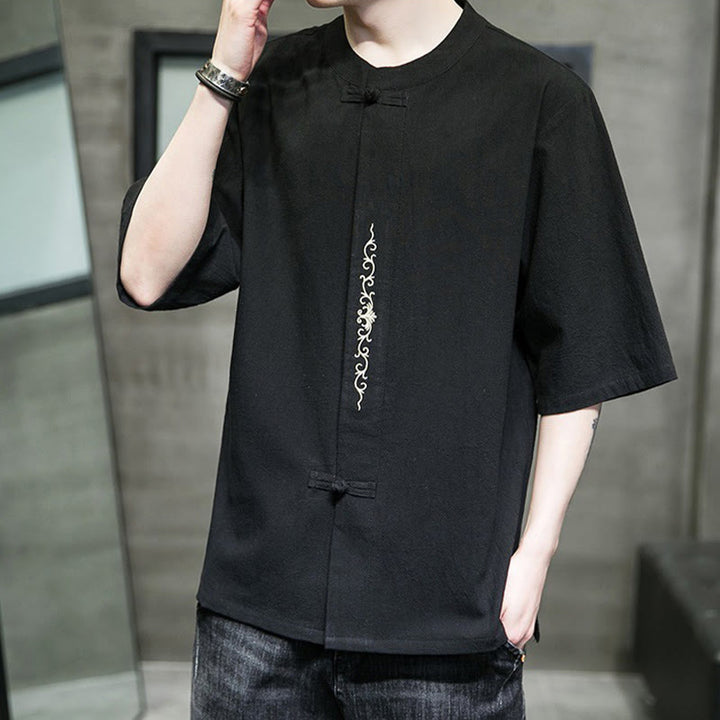 Buddha Stones Lässige, einfarbige Strickjacke mit Froschknopf-Stickerei aus Baumwollleinen für Herren - image 18