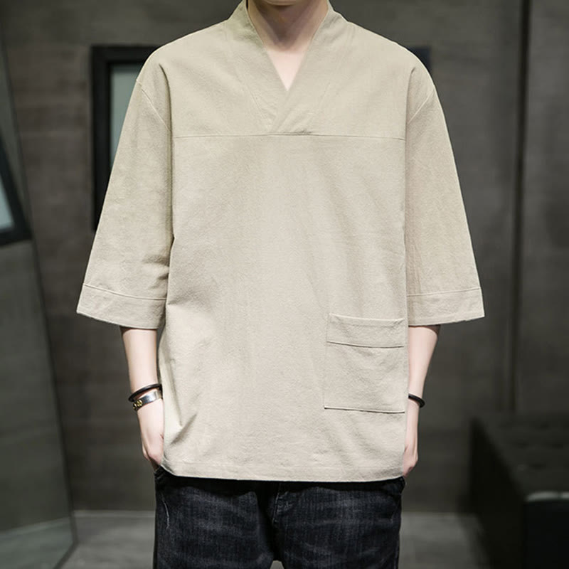 Buddha Stones Sommer-T-Shirt aus Baumwolle und Leinen mit Dreiviertelärmeln und einfachem V-Ausschnitt und Fronttasche für Herren - image 1