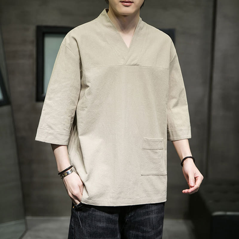 Buddha Stones Sommer-T-Shirt aus Baumwolle und Leinen mit Dreiviertelärmeln und einfachem V-Ausschnitt und Fronttasche für Herren - Blassgoldenrode - US/ UK/AU46, EU56 (5XL) - image 0