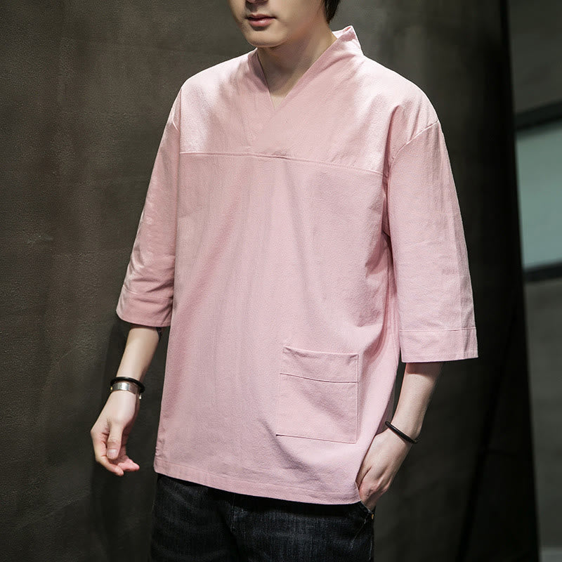 Buddha Stones Sommer-T-Shirt aus Baumwolle und Leinen mit Dreiviertelärmeln und einfachem V-Ausschnitt und Fronttasche für Herren - Rosa - US/ UK/AU46，EU56 (5XL) - image 9