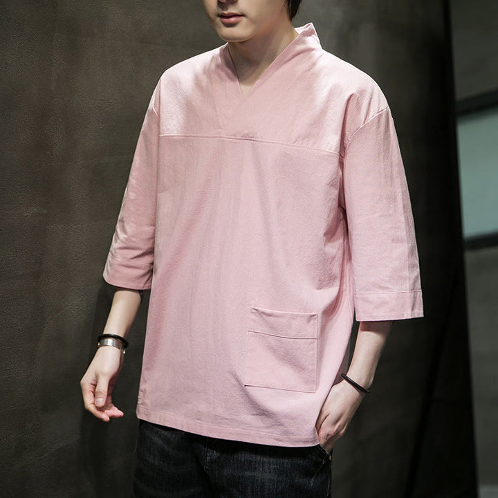 Buddha Stones Sommer-T-Shirt aus Baumwolle und Leinen mit Dreiviertelärmeln und einfachem V-Ausschnitt und Fronttasche für Herren - Rosa - US/ UK/AU46，EU56 (5XL) - image 9