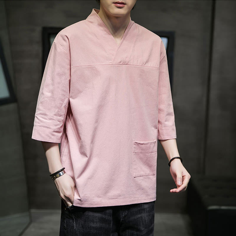 Buddha Stones Sommer-T-Shirt aus Baumwolle und Leinen mit Dreiviertelärmeln und einfachem V-Ausschnitt und Fronttasche für Herren - image 11