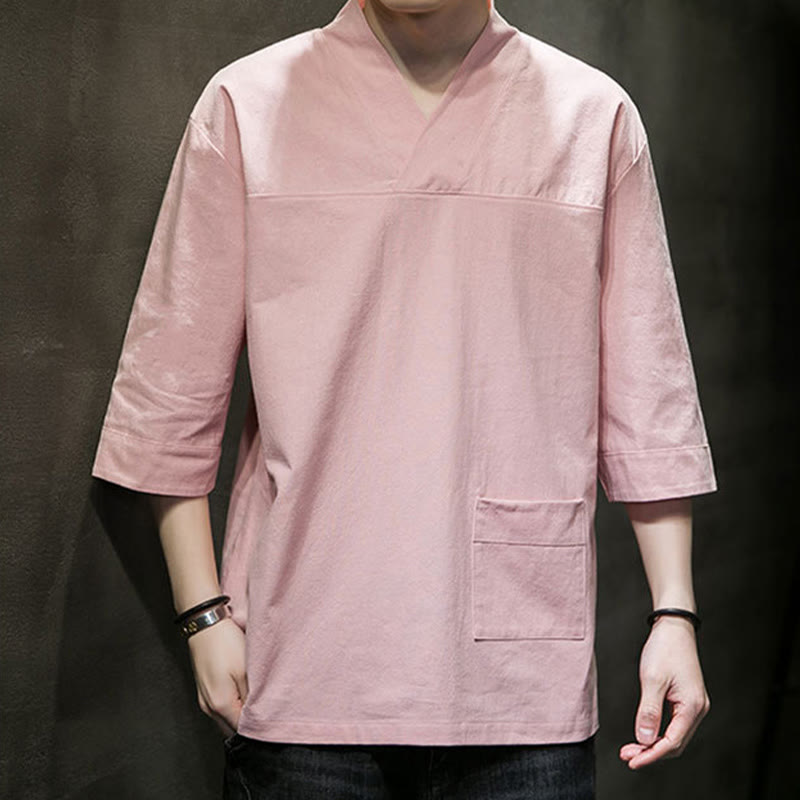 Buddha Stones Sommer-T-Shirt aus Baumwolle und Leinen mit Dreiviertelärmeln und einfachem V-Ausschnitt und Fronttasche für Herren - image 15