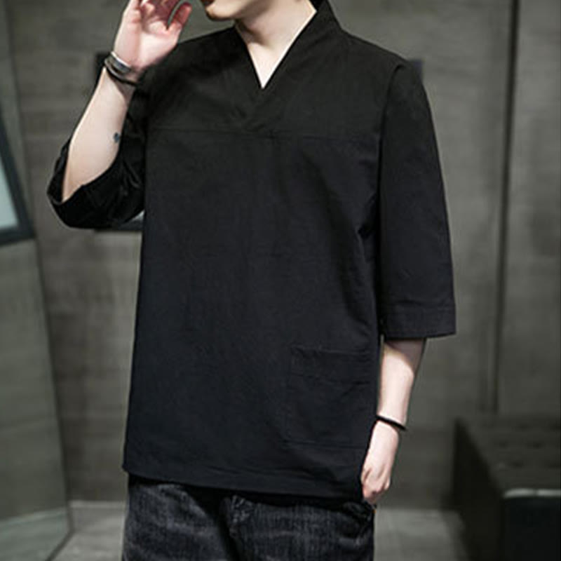 Buddha Stones Sommer-T-Shirt aus Baumwolle und Leinen mit Dreiviertelärmeln und einfachem V-Ausschnitt und Fronttasche für Herren - image 17