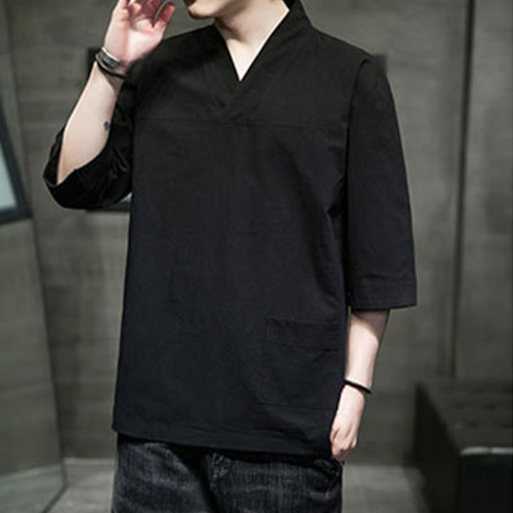 Buddha Stones Sommer-T-Shirt aus Baumwolle und Leinen mit Dreiviertelärmeln und einfachem V-Ausschnitt und Fronttasche für Herren - image 17