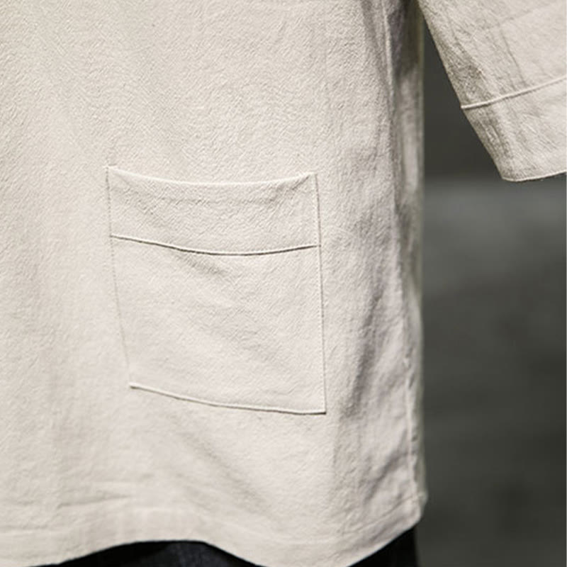 Buddha Stones Sommer-T-Shirt aus Baumwolle und Leinen mit Dreiviertelärmeln und einfachem V-Ausschnitt und Fronttasche für Herren - image 7