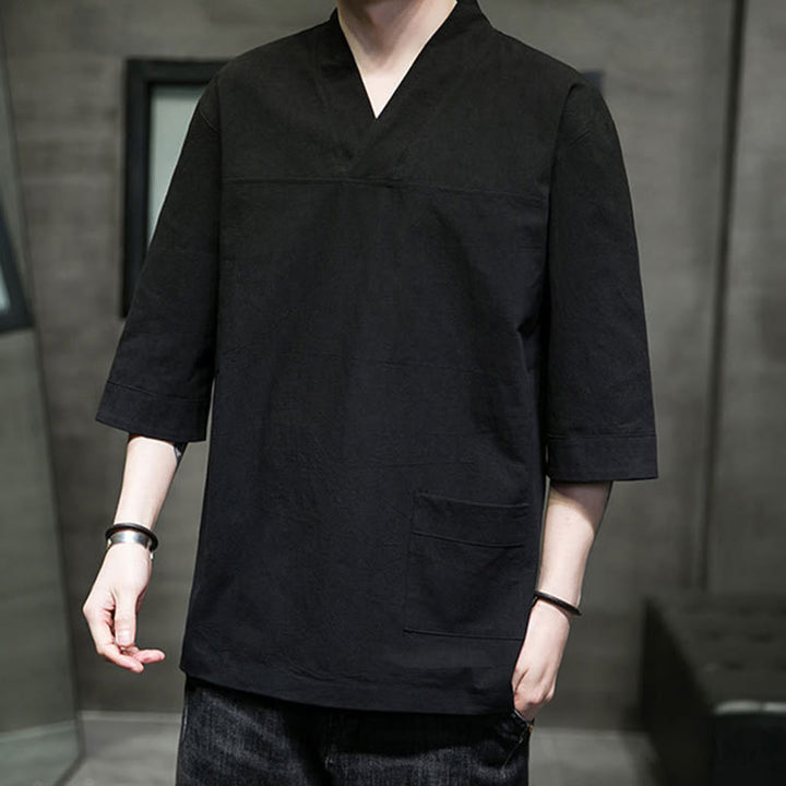 Buddha Stones Sommer-T-Shirt aus Baumwolle und Leinen mit Dreiviertelärmeln und einfachem V-Ausschnitt und Fronttasche für Herren - image 19