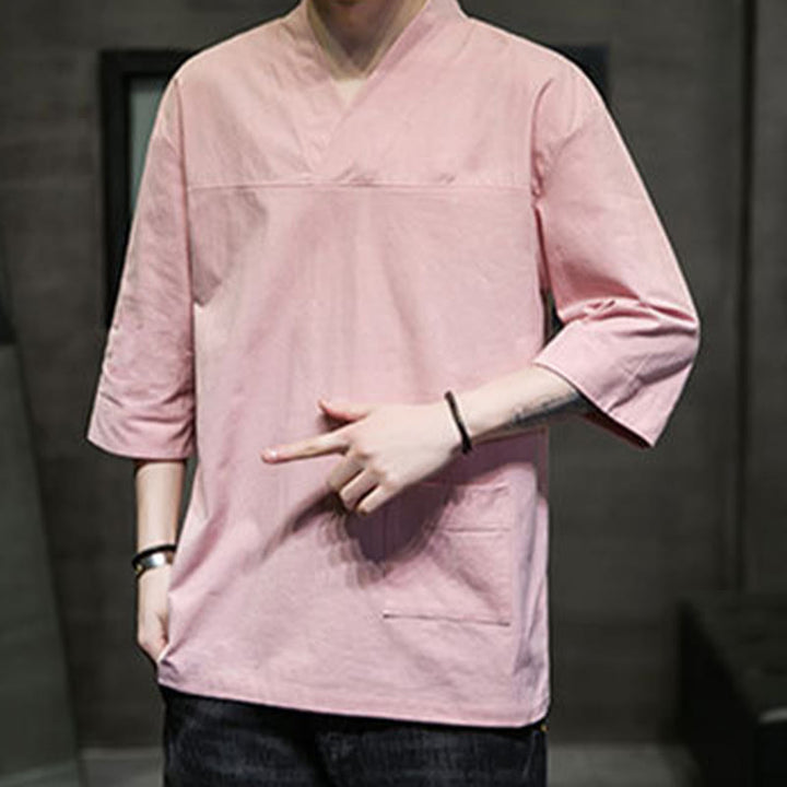 Buddha Stones Sommer-T-Shirt aus Baumwolle und Leinen mit Dreiviertelärmeln und einfachem V-Ausschnitt und Fronttasche für Herren - image 14