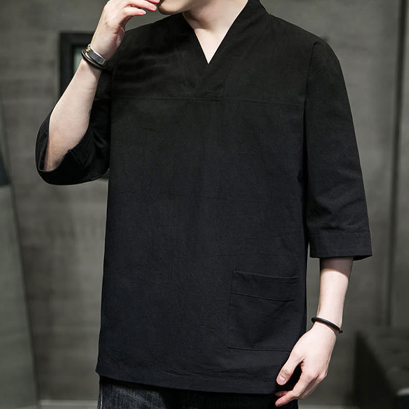 Buddha Stones Sommer-T-Shirt aus Baumwolle und Leinen mit Dreiviertelärmeln und einfachem V-Ausschnitt und Fronttasche für Herren - image 22