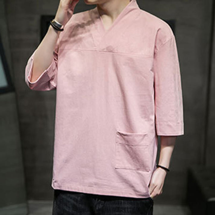 Buddha Stones Sommer-T-Shirt aus Baumwolle und Leinen mit Dreiviertelärmeln und einfachem V-Ausschnitt und Fronttasche für Herren - image 13