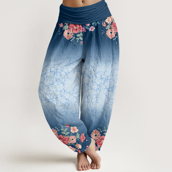 Buddha Stones Lässige Haremshose mit Blumenmuster, Blättern, fließenden Ranken und elastischer Taille für Damen - Stahlblau - US22， UK/AU26，EU54 (6XL) - image 8