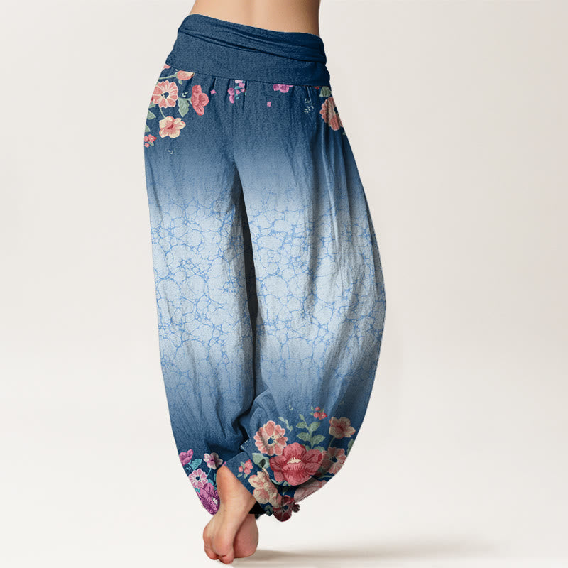 Buddha Stones Lässige Haremshose mit Blumenmuster, Blättern, fließenden Ranken und elastischer Taille für Damen - image 10