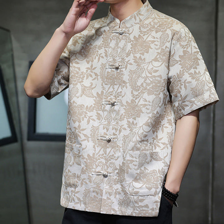 Buddha Stones Lässiges Jacquard-Baumwollhemd mit Paisley-Blumen-Pflanzenmuster und Froschknopf-Design für Herren mit Taschen