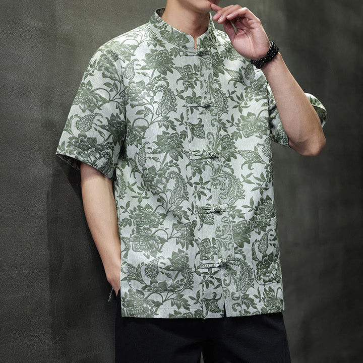 Buddha Stones Lässiges Jacquard-Baumwollhemd mit Paisley-Blumen-Pflanzenmuster und Froschknopf-Design für Herren mit Taschen