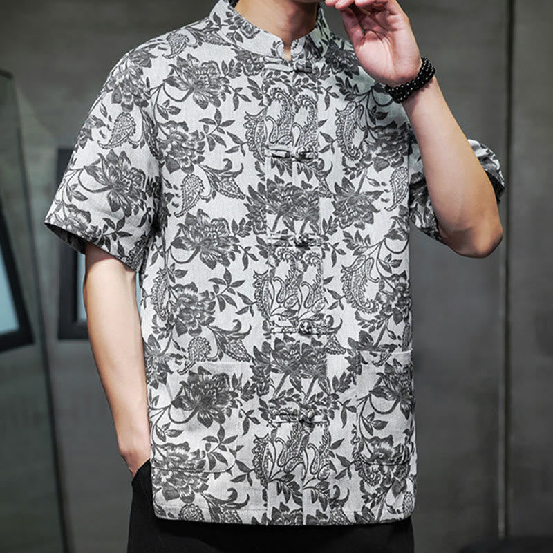 Buddha Stones Lässiges Jacquard-Baumwollhemd mit Paisley-Blumen-Pflanzenmuster und Froschknopf-Design für Herren mit Taschen