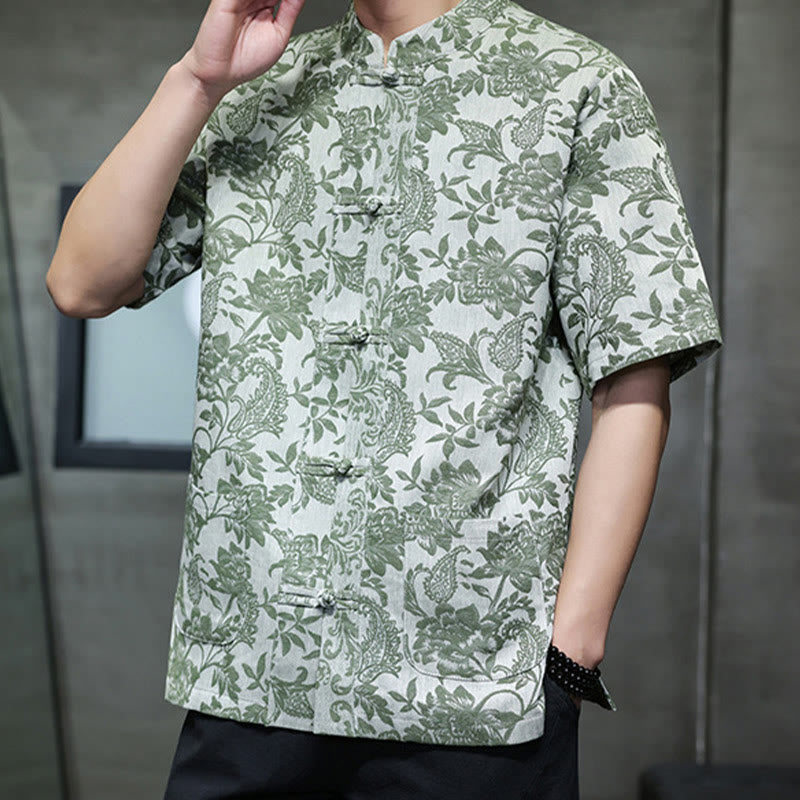 Buddha Stones Lässiges Jacquard-Baumwollhemd mit Paisley-Blumen-Pflanzenmuster und Froschknopf-Design für Herren mit Taschen