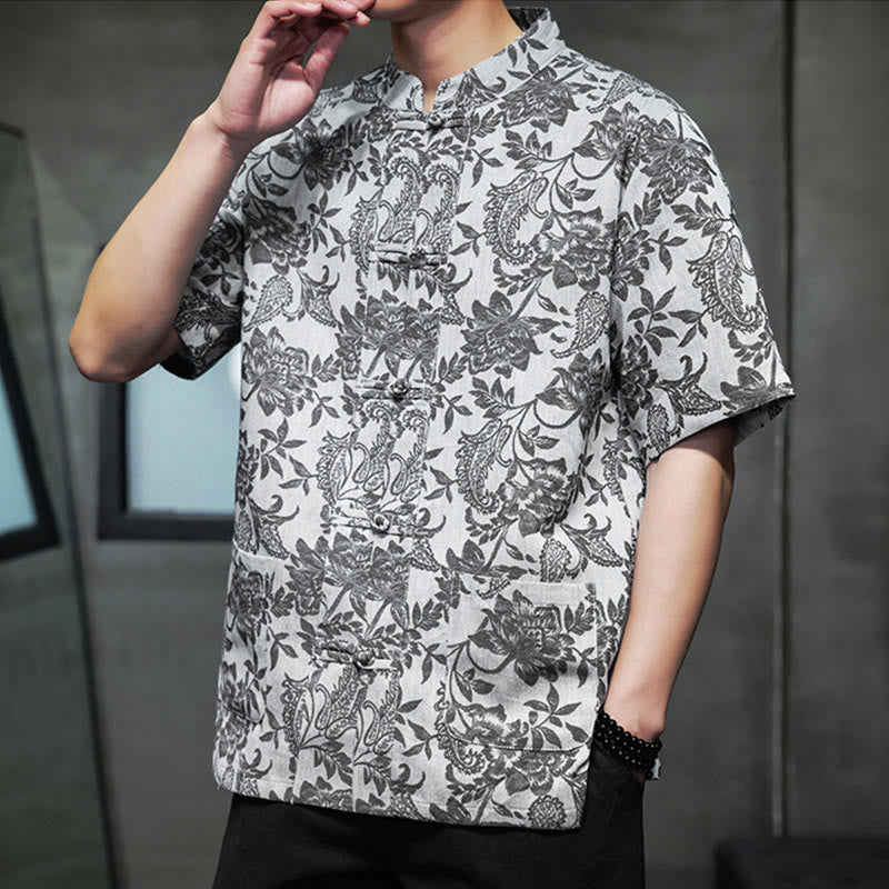 Buddha Stones Lässiges Jacquard-Baumwollhemd mit Paisley-Blumen-Pflanzenmuster und Froschknopf-Design für Herren mit Taschen