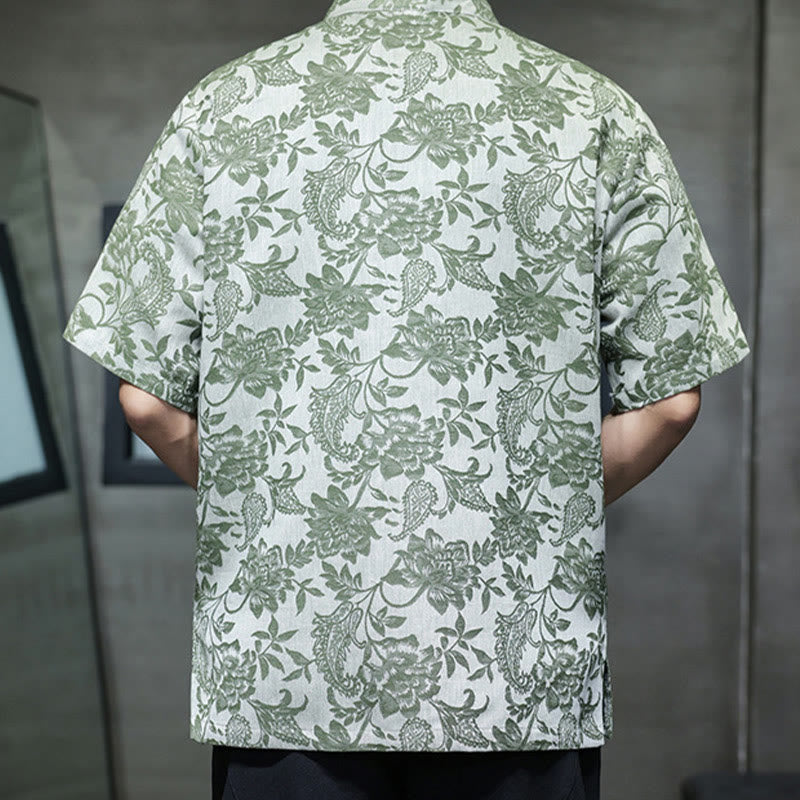 Buddha Stones Lässiges Jacquard-Baumwollhemd mit Paisley-Blumen-Pflanzenmuster und Froschknopf-Design für Herren mit Taschen