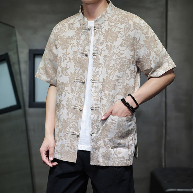 Buddha Stones Lässiges Jacquard-Baumwollhemd mit Paisley-Blumen-Pflanzenmuster und Froschknopf-Design für Herren mit Taschen