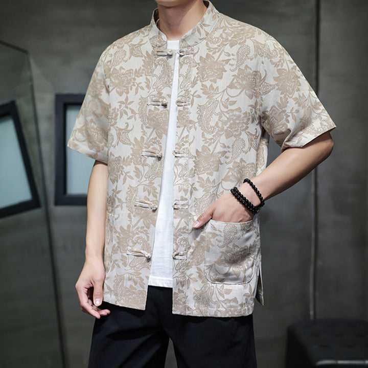 Buddha Stones Lässiges Jacquard-Baumwollhemd mit Paisley-Blumen-Pflanzenmuster und Froschknopf-Design für Herren mit Taschen