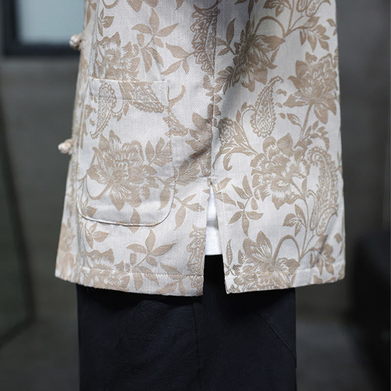 Buddha Stones Lässiges Jacquard-Baumwollhemd mit Paisley-Blumen-Pflanzenmuster und Froschknopf-Design für Herren mit Taschen