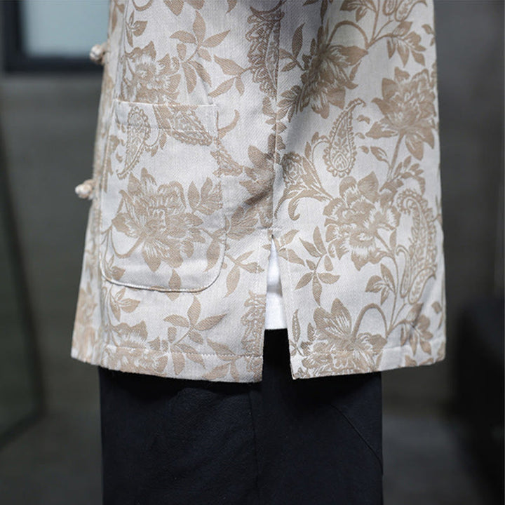 Buddha Stones Lässiges Jacquard-Baumwollhemd mit Paisley-Blumen-Pflanzenmuster und Froschknopf-Design für Herren mit Taschen